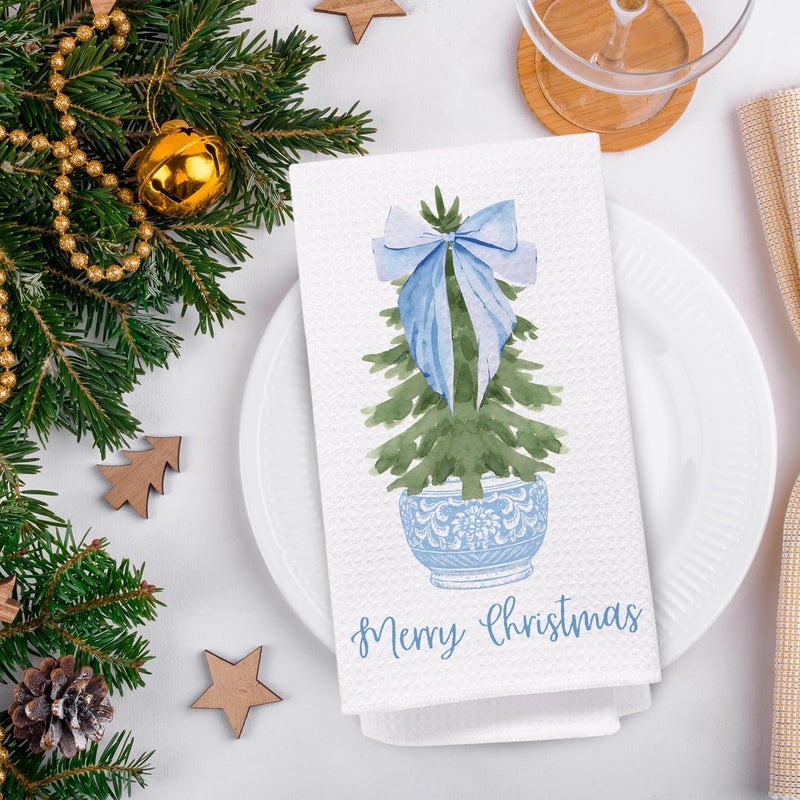 SPBL&L Chinoiserie Christmas Kitchen Towels,Light Blue Bow Coquette Christmas Tree Dish Towels for Kitchen Bathroom, Blue Christmas Hand Towels for Kitchen, Grandmillennial Decor,16x24 Inches Set of 2 - Image 4